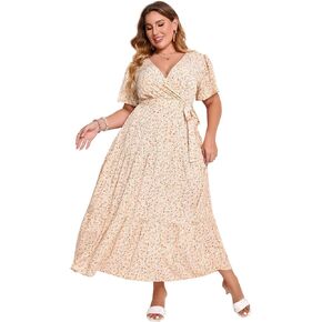 KOJOOIN Women Plus Size V Neck Wrap Maxi Dress High Waist Ruffle Short Sleeves Casual Summer Dress with Belt