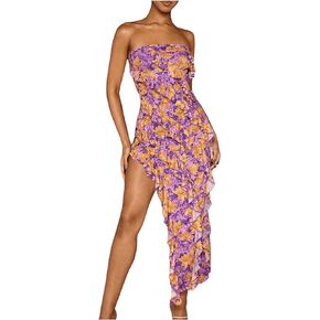 MakeMeChic Women's Strapless Floral Print Bandeau Tube Dress Ruffle Slit Hem Sleeveless Bodycon Long Dress