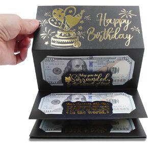 HOMANGA Birthday Money Envelope for Cash Gifts, Surprise Cash Envelope for Men Women Kids, Birthday Gift Card for Men Women Girls Boys, Black Gold Money Holder