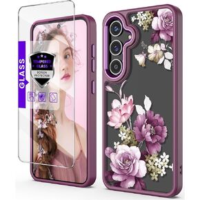 حافظة لهاتف Samsung S24 5G مع واقي شاشة من الزجاج المقسى، وGalaxy S24 5G [واقية من الدرجة العسكرية] مصنوعة من مادة TPU الناعمة والكمبيوتر الصلب، وحافظات بنمط زهور شفافة للفتيات والنساء - أرجواني