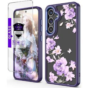 for Samsung S24 5G Case with Tempered Glass Screen Protector, Galaxy S24 5G [Military Grade Protective] Slim Soft TPU & Hard PC, Girls Women Crystal Clear Flower Pattern Cases-Alpine Green
