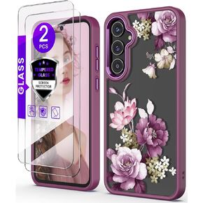 for Samsung Galaxy A35 5G Case+Tempered Glass Screen Protector,Military Grade Protective Slim Soft TPU & Hard PC,Girls Women Crystal Clear Flower Pattern Case Cover for A35 5G-Purple