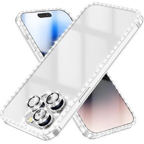 YWXTW Full Glitter iPhone 14 Pro Max Case, [Built in Screen Protector + Camera Lens Protector] Diamond Rhinestone Sparkly Metal Hard Slim Bumper Cover 14 Pro Max Case for Women Girls (Black) in Kuwait