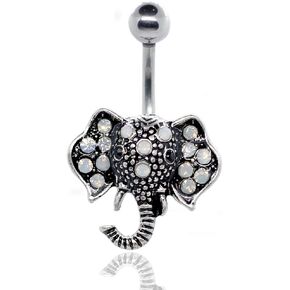 Silver 14G Elephant Belly Button Ring with White Faux Opal Stone Body Piercing Jewelry Women Navel Ring 316L Surgical Steel Barbell 7/16"