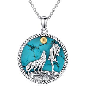 Wolf Necklace 925 Sterling Silve Turquoise Necklace Wolf And Girl Necklaces Wolf And Moon Pendant Turquoise Jewelry Gifts for Women