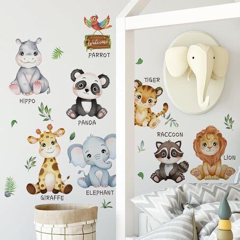 Jungle Animals Wall Decals Safari Animal Wall Stickers Baby Animals Sticker Elephant Giraffe Baby Nursery Kids Room Living Room Wall Decor in Kuwait