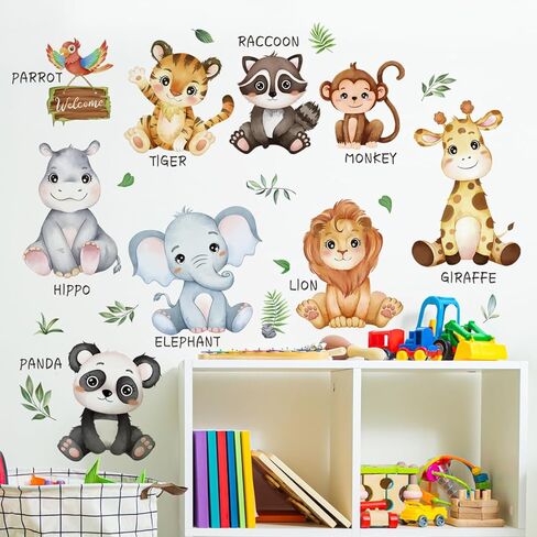 Jungle Animals Wall Decals Safari Animal Wall Stickers Baby Animals Sticker Elephant Giraffe Baby Nursery Kids Room Living Room Wall Decor in Kuwait