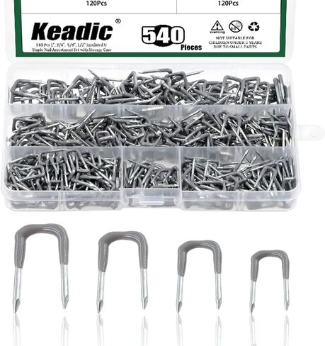 Keadic 540 قطعة 1 بوصة، 3/4 بوصة، 5/8 بوصة، 1/2 بوصة مجموعة أظافر معزولة على شكل حرف U بأحجام متنوعة مع حقيبة تخزين، مشبك كابل معدني مع حامل سلك بلاستيكي أساسي لتثبيت السلك الكهربائي in Saudi Arabia