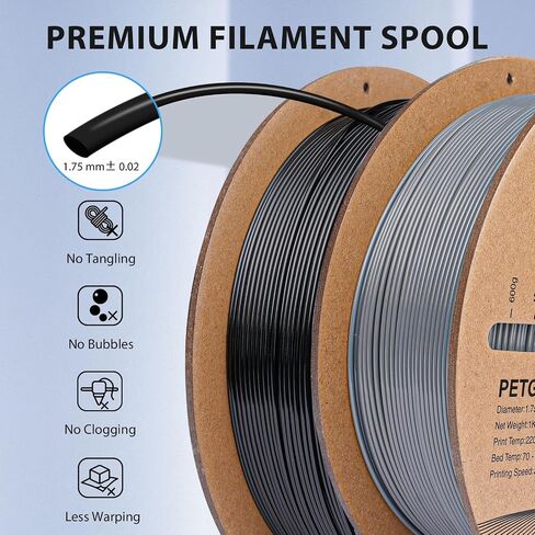 خيوط PETG 1.75 مم، خيوط طباعة ثلاثية الأبعاد PETG قوية، متوافقة مع معظم طابعات FDM ثلاثية الأبعاد، دقة الأبعاد ±0.02 مم، بكرة 1 كجم/2.2 رطل (1 كجم أسود + 1 كجم رمادي) in Saudi Arabia