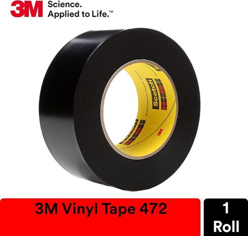 شريط فينيل 3M 472، 1-1/2 بوصة × 36 ياردة، 10.4 مل، أسود، لفة واحدة، شديد التحمل مع خصائص تمدد، زيادة مقاومة التآكل، عمر طويل للمنتج، للظروف القاسية والخارجية in Kuwait