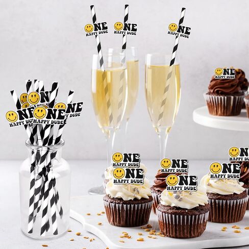 Konsait One Happy Dude Disposable Paper Drinking Straws Cake Toppers One Cool Dude Birthday Decorations for 1st Year Birthday decorations Party in Saudi Arabia