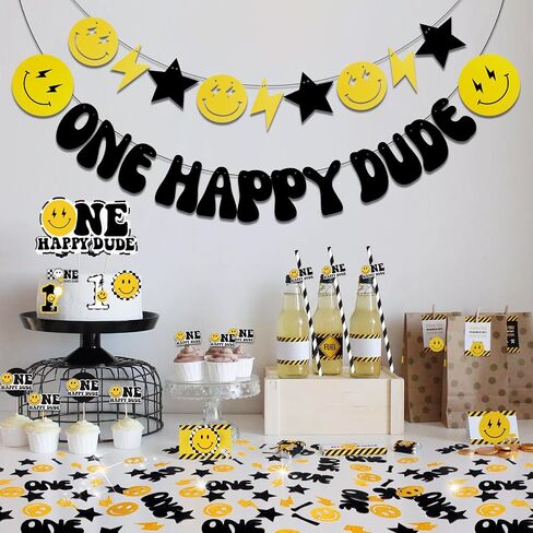 Konsait One Happy Dude Disposable Paper Drinking Straws Cake Toppers One Cool Dude Birthday Decorations for 1st Year Birthday decorations Party in Saudi Arabia