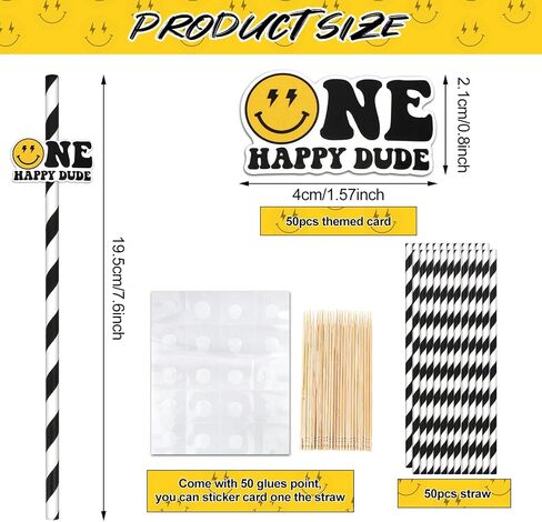 Konsait One Happy Dude Disposable Paper Drinking Straws Cake Toppers One Cool Dude Birthday Decorations for 1st Year Birthday decorations Party in Saudi Arabia