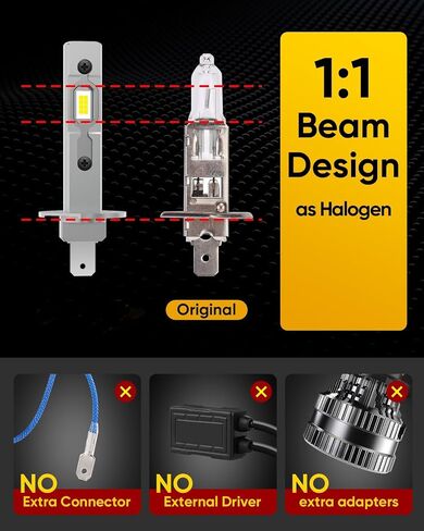 H1 LED Bulb, Upgrade +800% Brighter 30000LM 120W, High and Low Beam, 6500K Cool White, 1:1 Mini Size Plug and Play, Non-Polarity, Fanless H1 LED Fog Lights, Pack of 2 in Saudi Arabia
