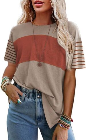 SHEWIN Womens T Shirts 2024 Casual Summer Short Sleeve Shirts Loose Crewneck Tee Side Split Cute Tops Oversized Tshirts for Women Khaki Orange XL in Saudi Arabia