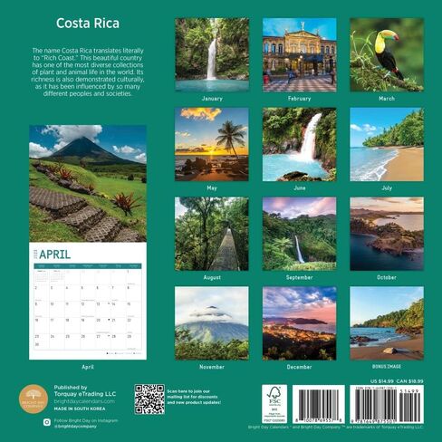 2024 Costa Rica Monthly Wall Calendar by Bright Day, 12 x 12 Inch Paradise Destination in Saudi Arabia