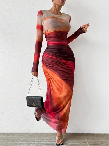 MARZXIN Womens Long Sleeve Dress for Women Natural Slim Fit Tie Dye Bodycon Summer Dress Maxi Dresses in Saudi Arabia