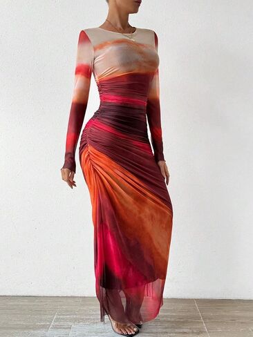 MARZXIN Womens Long Sleeve Dress for Women Natural Slim Fit Tie Dye Bodycon Summer Dress Maxi Dresses in Saudi Arabia