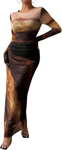 MARZXIN Womens Long Sleeve Dress for Women Natural Slim Fit Tie Dye Bodycon Summer Dress Maxi Dresses in Saudi Arabia