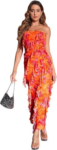 MakeMeChic Women's Strapless Floral Print Bandeau Tube Dress Ruffle Slit Hem Sleeveless Bodycon Long Dress in Saudi Arabia