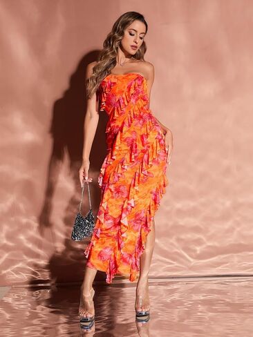 MakeMeChic Women's Strapless Floral Print Bandeau Tube Dress Ruffle Slit Hem Sleeveless Bodycon Long Dress in Saudi Arabia