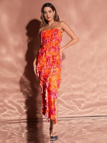 MakeMeChic Women's Strapless Floral Print Bandeau Tube Dress Ruffle Slit Hem Sleeveless Bodycon Long Dress in Saudi Arabia