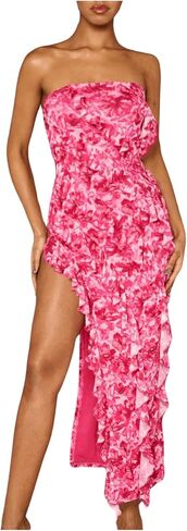 MakeMeChic Women's Strapless Floral Print Bandeau Tube Dress Ruffle Slit Hem Sleeveless Bodycon Long Dress in Saudi Arabia