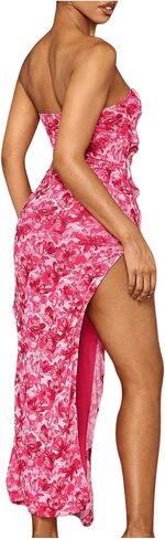 MakeMeChic Women's Strapless Floral Print Bandeau Tube Dress Ruffle Slit Hem Sleeveless Bodycon Long Dress in Saudi Arabia