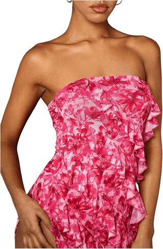 MakeMeChic Women's Strapless Floral Print Bandeau Tube Dress Ruffle Slit Hem Sleeveless Bodycon Long Dress in Saudi Arabia