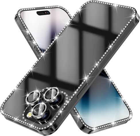 حافظة YWXTW لامعة بالكامل لهاتف iPhone 14 Pro Max، [واقي شاشة مدمج + واقي عدسة الكاميرا] غطاء ممتص الصدمات الصلب المصنوع من حجر الراين الماسي اللامع 14 Pro Max للنساء والفتيات (أسود) in Saudi Arabia