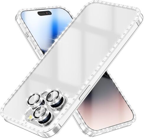 حافظة YWXTW لامعة بالكامل لهاتف iPhone 14 Pro Max، [واقي شاشة مدمج + واقي عدسة الكاميرا] غطاء ممتص الصدمات الصلب المصنوع من حجر الراين الماسي اللامع 14 Pro Max للنساء والفتيات (أسود) in Kuwait