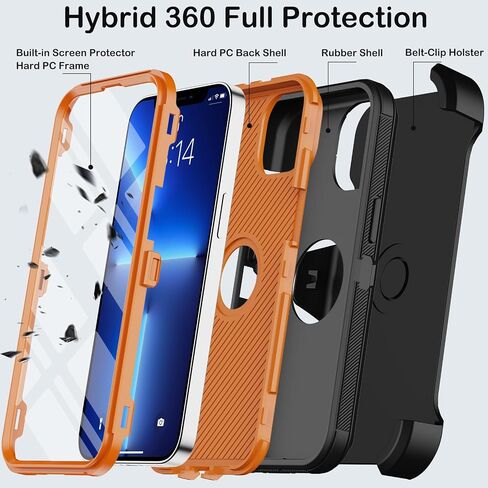 Compatible with iPhone 13 Pro Case with Belt Clip Holster & Kickstand,Built-in Screen Protector,Heavy Duty Shockproof Drop Protection Military Grade Full Body Rugged Phone Cover 6.1 Inch (Black) in Saudi Arabia