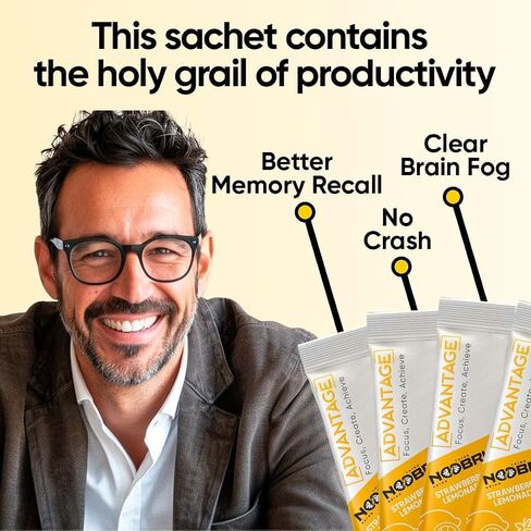 Advantage Nootropic - مكمل غذائي لذيذ منشط الذهن مع 11 مكونًا نشطًا - مُحسِّن إدراكي طبيعي - 20 كيسًا من عصير الليمون بالفراولة - كمية تكفي لمدة شهر واحد، 20 قطعة (عبوة من قطعة واحدة) in Saudi Arabia