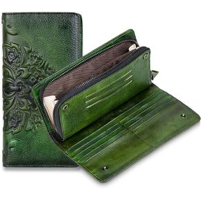 Women Wallet Leather Large Capacity Credit Card Phone Purse With Zipper Green