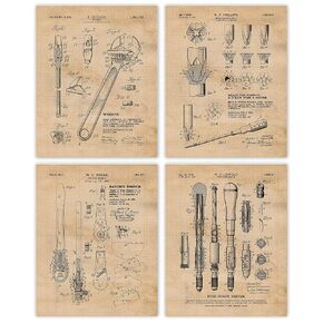 Vintage Builder Hand Trade Tools Patent Prints, 4 (8x10) Unframed Photos, Wall Art Decor Gifts for Home Office Cabin Lodge Garage Shop College Student Teacher Craftspeople Mechanic Building Champs Fan
