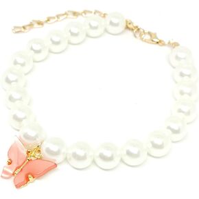 Adjustable Butterfly and Pearl Necklace cat Collar Flexible Rubber Rope Break Away (Purple)