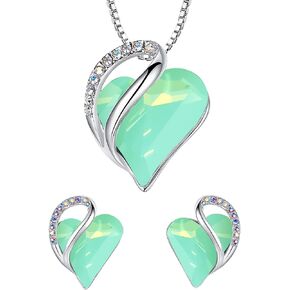 Leafael Infinity Love Heart Necklace and Stud Earrings for Women, Healing Stone for Luck Crystal Jewelry, Silver Tone Bundle Gifts for Women, Opal Green