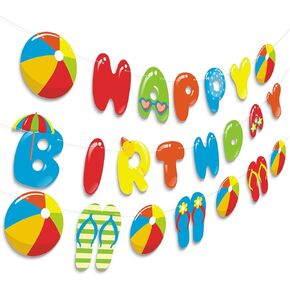 Beach Ball Happy Birthday Banner - Pool Party Garland Decoration - Christmas Birthday Party Supplies
