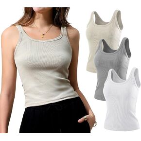 DOUBLJU 3 قطع علوية أساسية منسوجة مضلعة ورقبة سكوب بدون أكمام قميص قصير سادة كاجوال طبقات كامي تانك توب للنساء in Kuwait