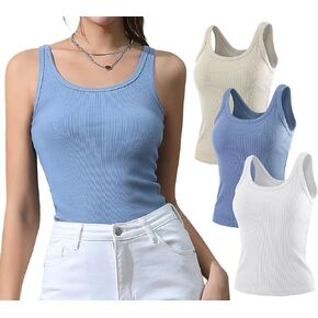 DOUBLJU 3 Pack Basic Rib Knit Crop Tops Scoop Neck Sleeveless Solid Cropped Camisole Casual Layered Cami Tank Top for Womens