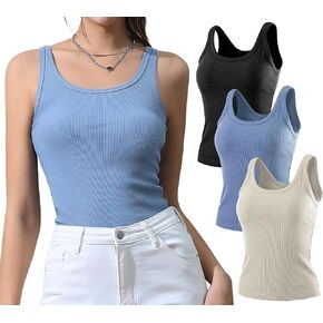 DOUBLJU 3 Pack Basic Rib Knit Crop Tops Scoop Neck Sleeveless Solid Cropped Camisole Casual Layered Cami Tank Top for Womens