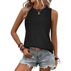 Womens Eyelet Dressy Casual Sleeveless Tank Tops Loose Crew High Neck Spring Summer Blouses Shirts for Women 2024