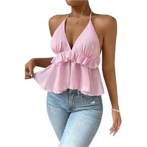 Verdusa Women's Ruffle Trim Deep V Neck Tie Backless Peplum Halter Top