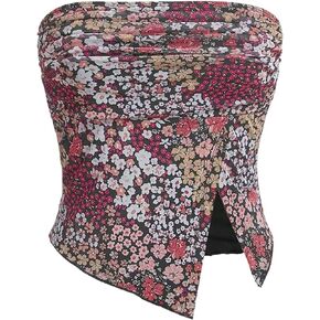 Women Casual Strapless Floral Printed Mesh Ruched Tube Top Split Hem Sleeveless Bandeau Summer Boho Crop Tops