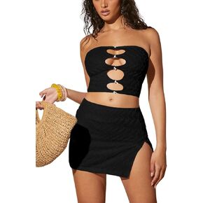 Verdusa Women's 2 Piece Outfits Cut Out Front Crop Tube Top and Split Bodycon Mini Skirt Set in Kuwait