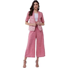 Women's 2 Piece Printed Suits Set Chambray Cotton Half Sleeve Blazer with Pant Set