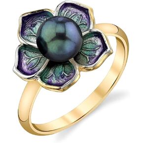 The Pearl Source 6-6.5mm Genuine Black Japanese Akoya Saltwater Cultured Pearl & Enamel Maggie Ring for Women