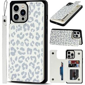 iCoverCase Phone Case for iPhone 13 Pro Max Case with Card Holder, iPhone 13 Pro Max Wallet Case for Women with Wrist Strap, [RFID Blocking] Card Slots Kickstand PU Leather Case (Gray Leopard)
