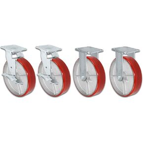 8" X 2" Swivel Caster Heavy Duty Red Polyurethane Wheel on Steel Hub with Brakes (2) and Fixed (2) 5,000 lbs Per Set of 4 Tool Box Casters - CasterHQ Brand (8")