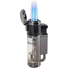 Butane Torch Lighter 4 Jet Torch Flame Windproof, Refillable Pocket Lighters with Visible Fuel Tank Large Capacity, Butane Fuel Not Included